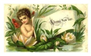 New Year's Cherub in Lily Pond